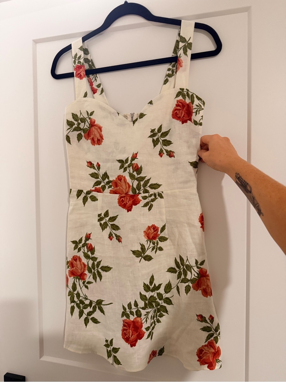 Reformation Cream Linen-Blend Camisole with Red Rose Print